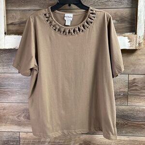 BON WORTH Women’s Braided Scoop Neck Short Sleeve Top Size Large Brown Taupe